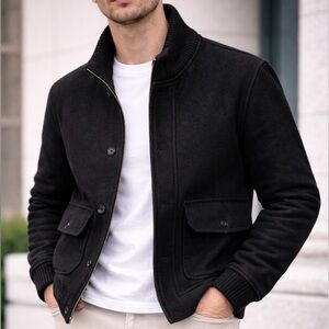 RW&CO Wool Blend Bomber Jacket Mens Medium Black Rib Collar Winter Coat